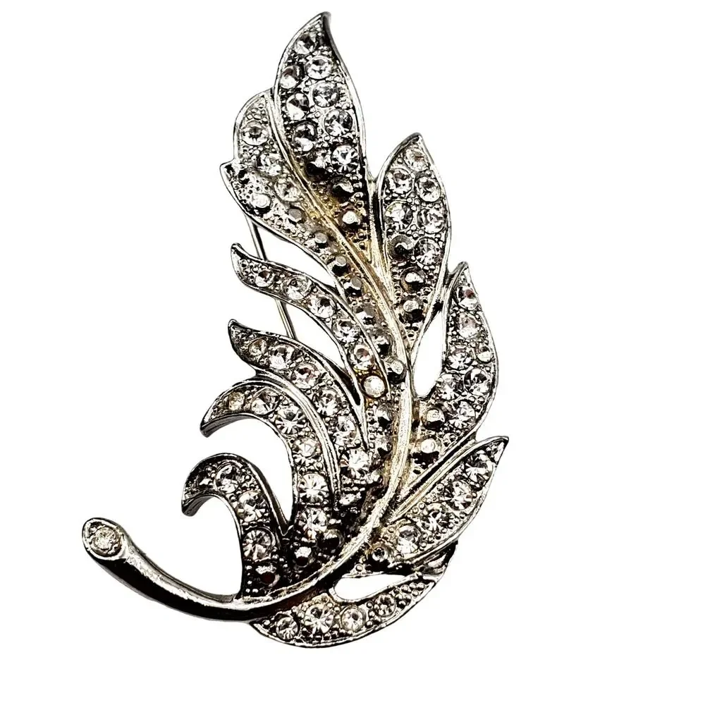 Rhinestone Leaf Brooch Silver Tone Pin Feather Mid Century 60s‎ Faux Marcasite